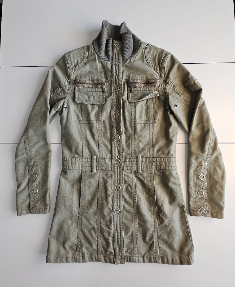 CoffeeShop Womens M Olive Green Military Utility Coat Embroidered Long Jacket